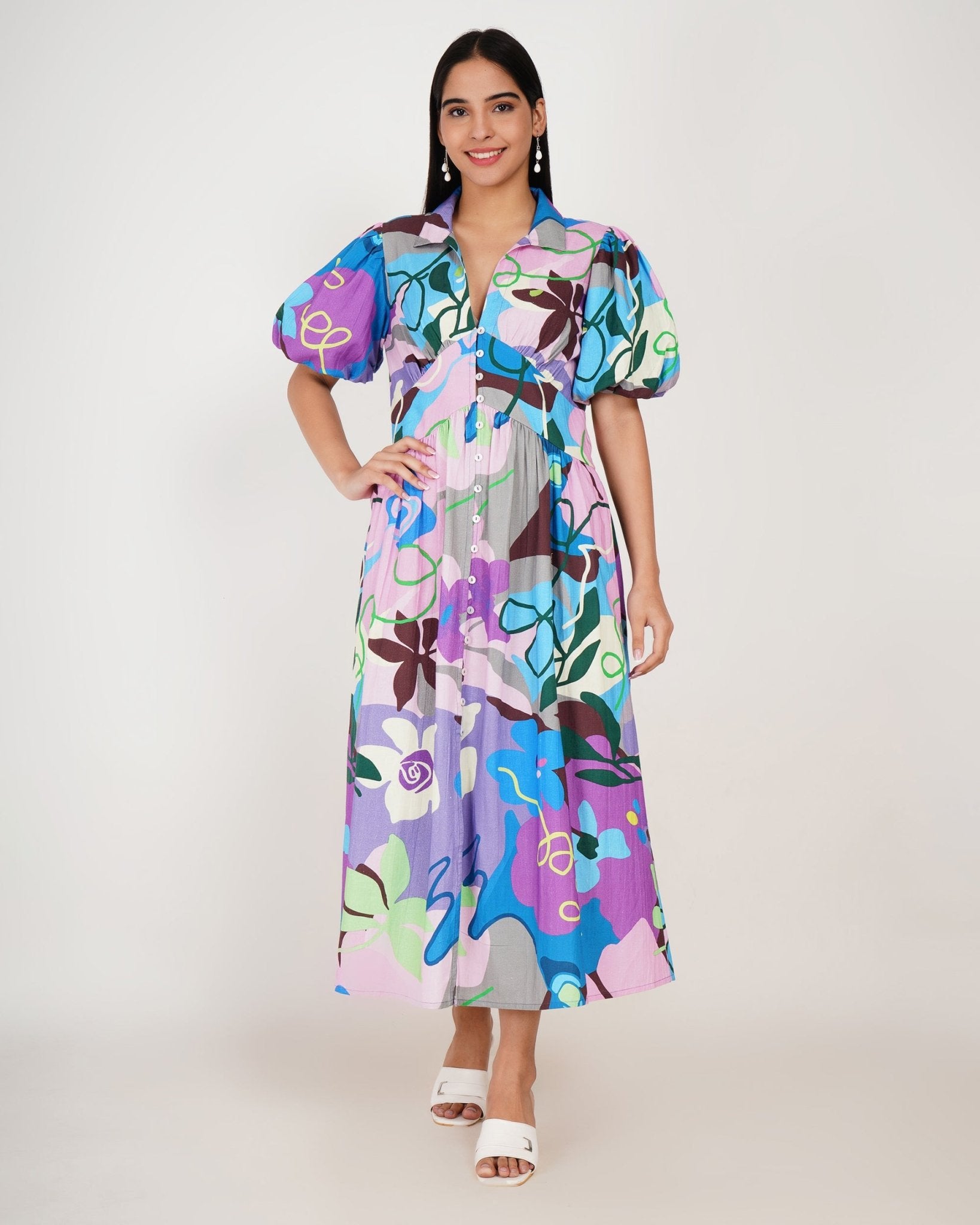 Celeste Garden Puff-Sleeve Midi Dress – Vakr Studios