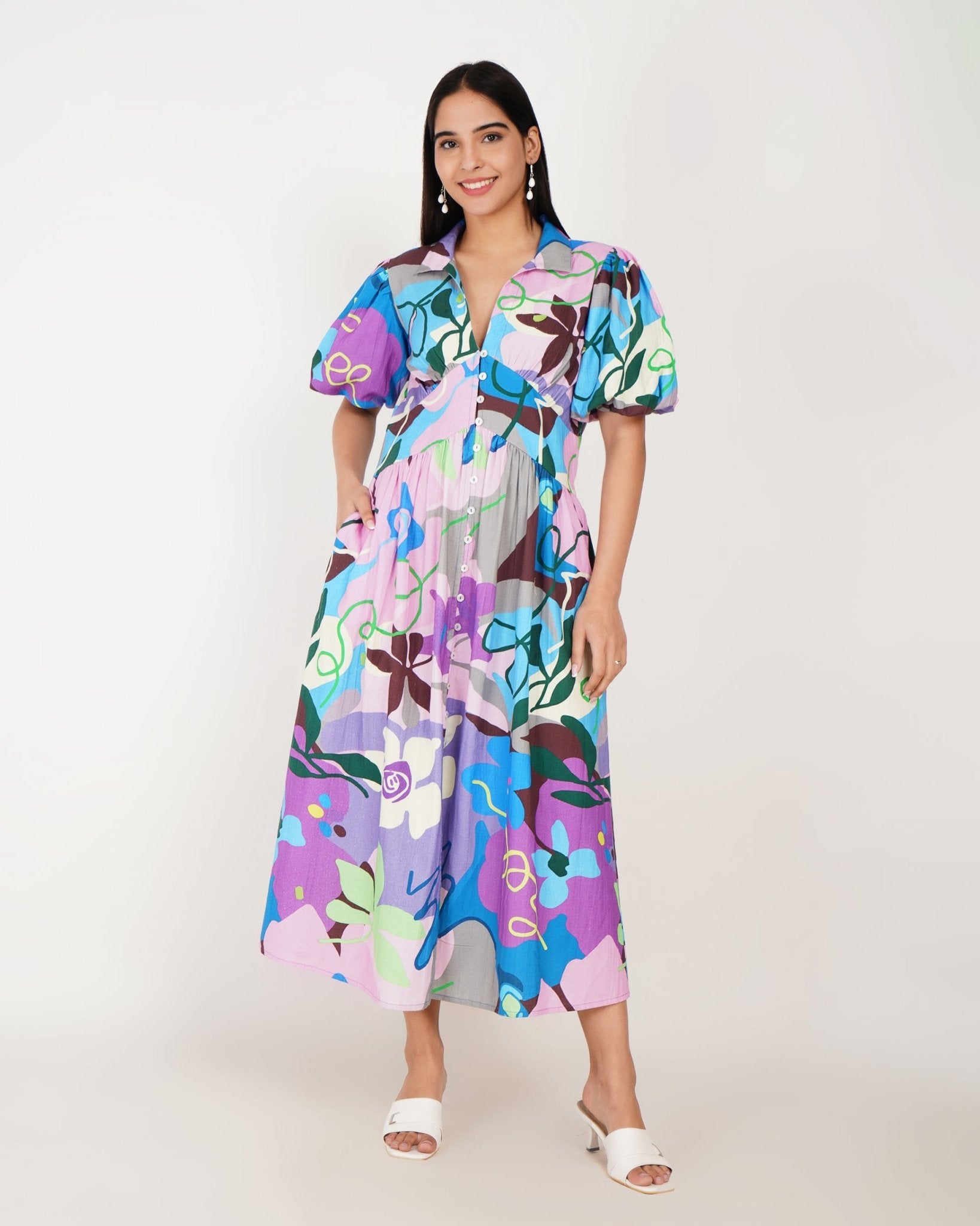 Celeste Garden Puff - Sleeve Midi Dress - Vakr Studios