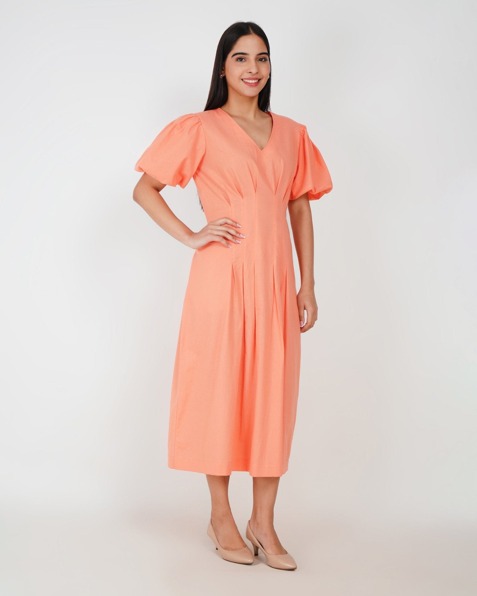 Coral Muse Linen - Blend Midi Dress - Vakr Studios