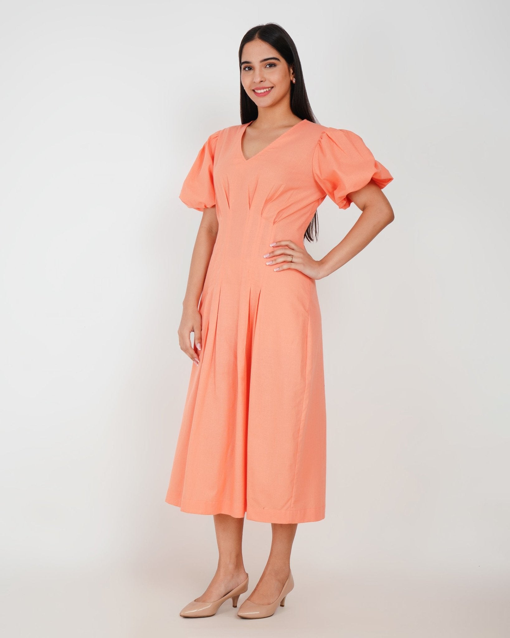 Coral Muse Linen - Blend Midi Dress - Vakr Studios