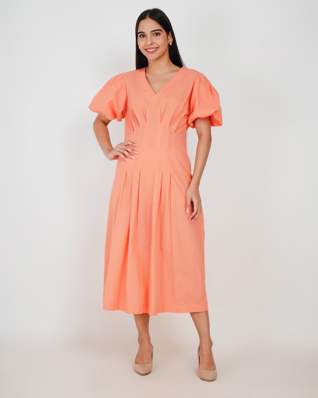 Coral Muse Linen - Blend Midi Dress - Vakr Studios