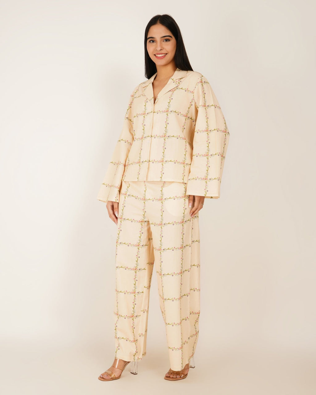 Ivory Botanical Lattice Linen Co - ord Set - Vakr Studios