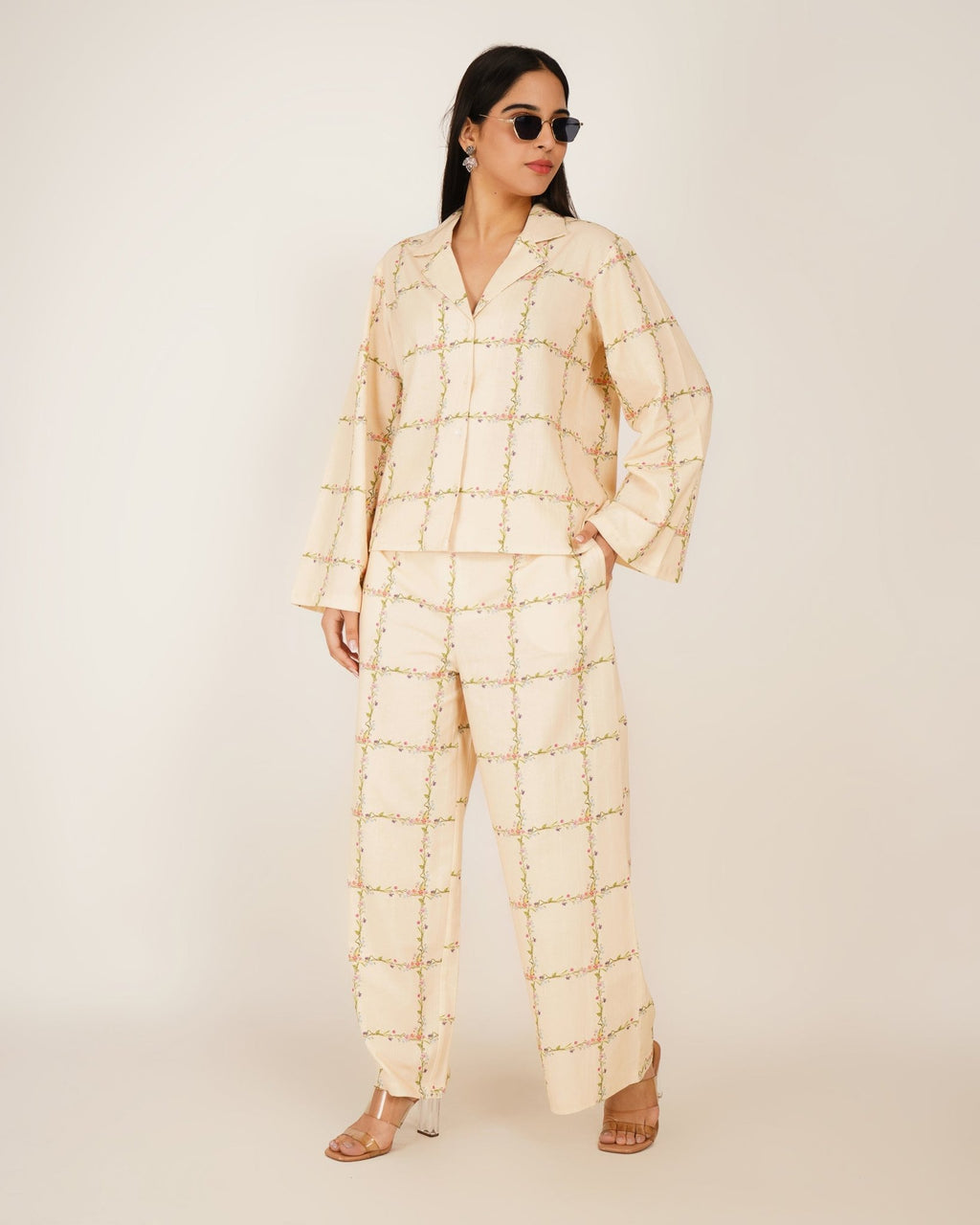 Ivory Botanical Lattice Linen Co - ord Set - Vakr Studios