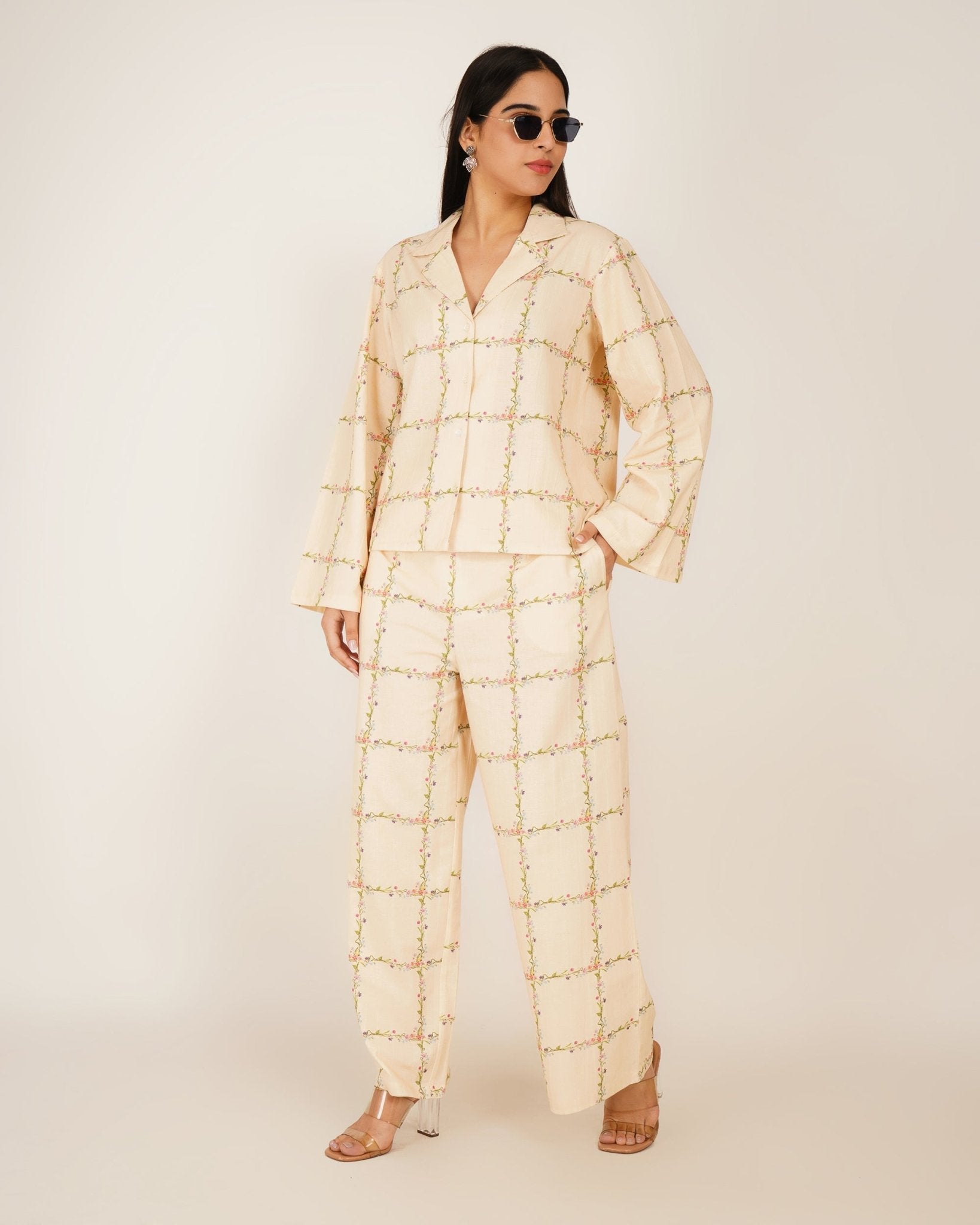 Ivory Botanical Lattice Linen Co - ord Set - Vakr Studios
