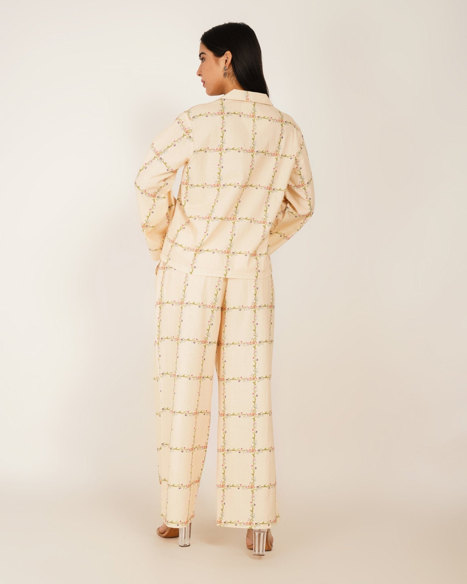 Ivory Botanical Lattice Linen Co - ord Set - Vakr Studios