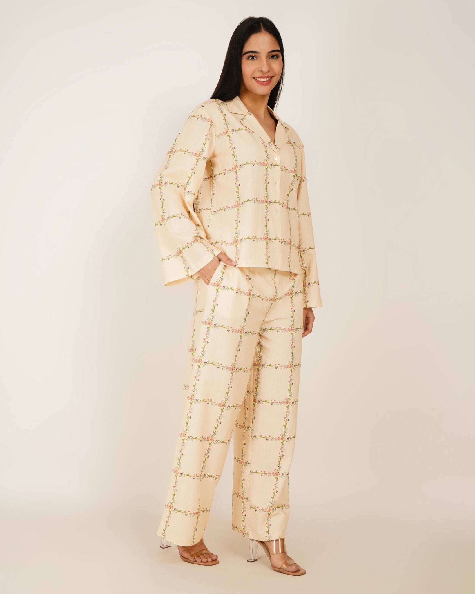 Ivory Botanical Lattice Linen Co - ord Set - Vakr Studios