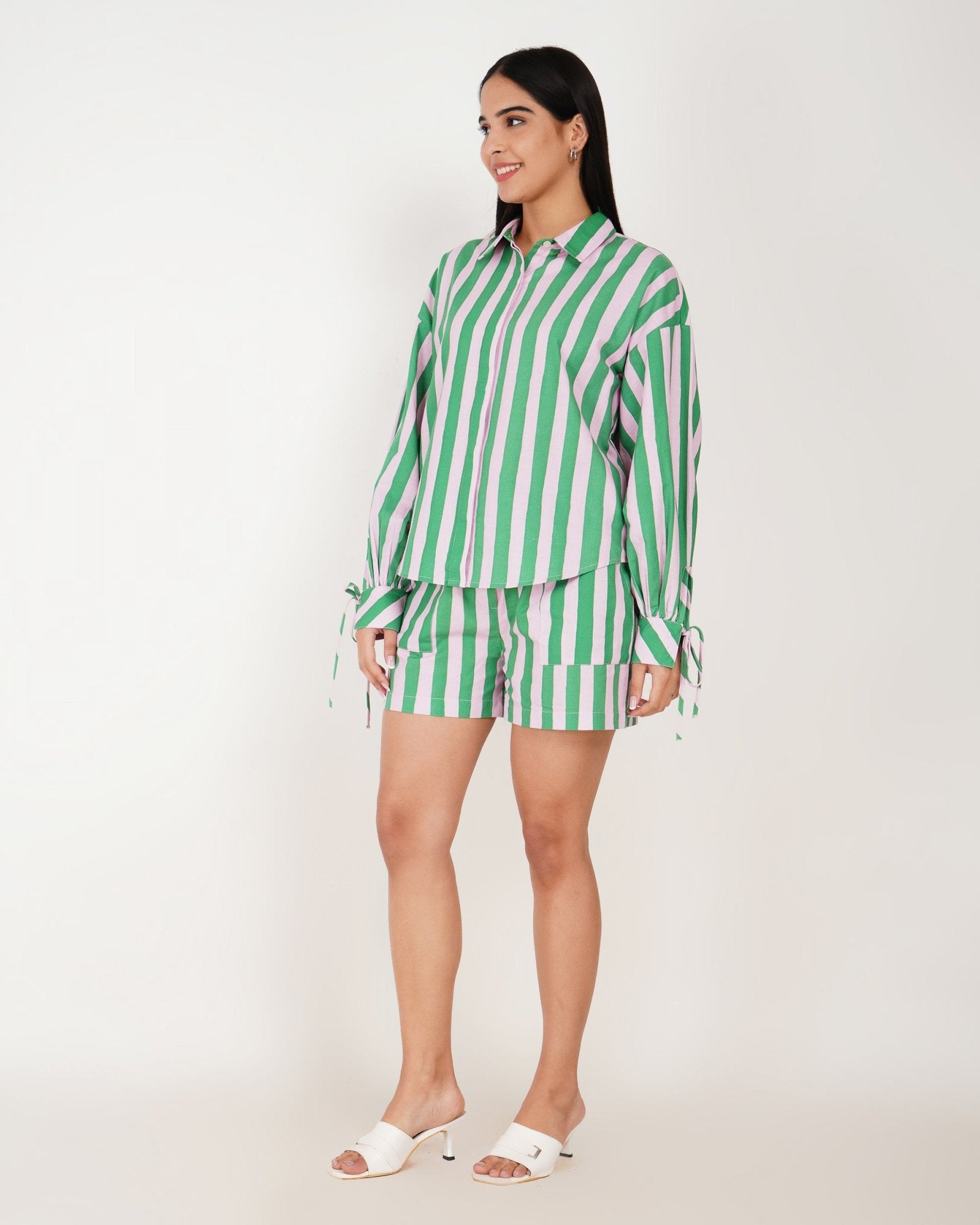 Mint Stripe Linen - Blend Shorts Co - Ord Set - Vakr Studios