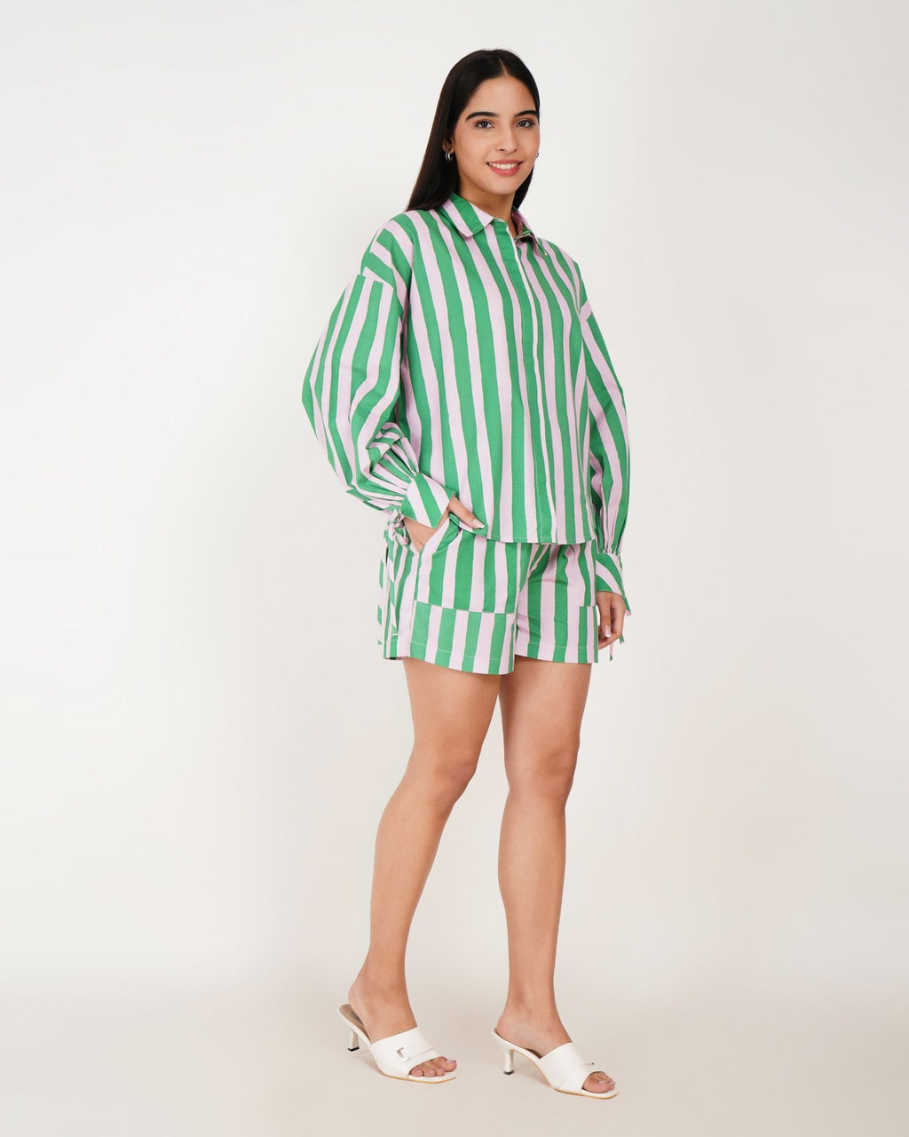 Mint Stripe Linen - Blend Shorts Co - Ord Set - Vakr Studios
