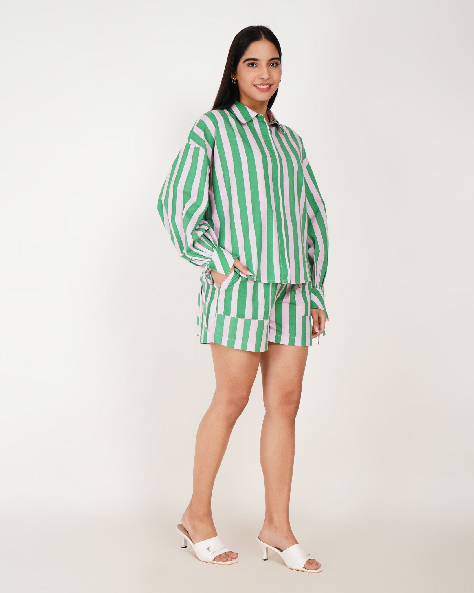 Mint Stripe Linen - Blend Shorts Co - Ord Set - Vakr Studios