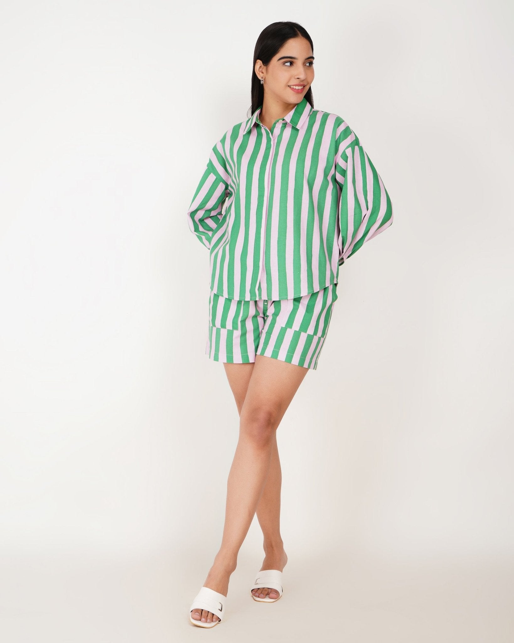 Mint Stripe Linen - Blend Shorts Co - Ord Set - Vakr Studios