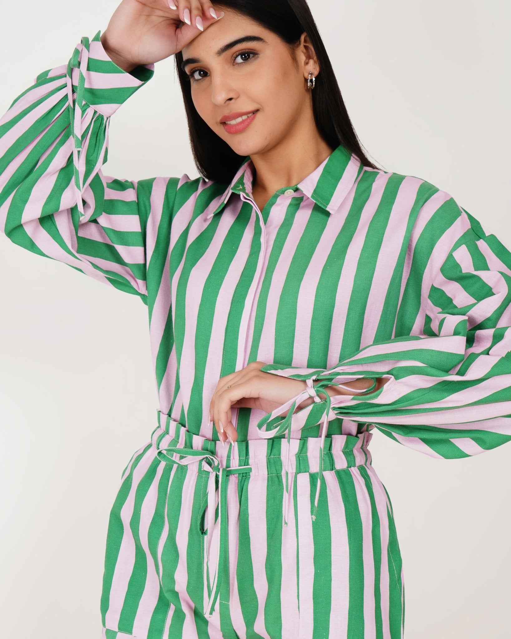 Mint Stripe Linen - Blend Shorts Co - Ord Set - Vakr Studios