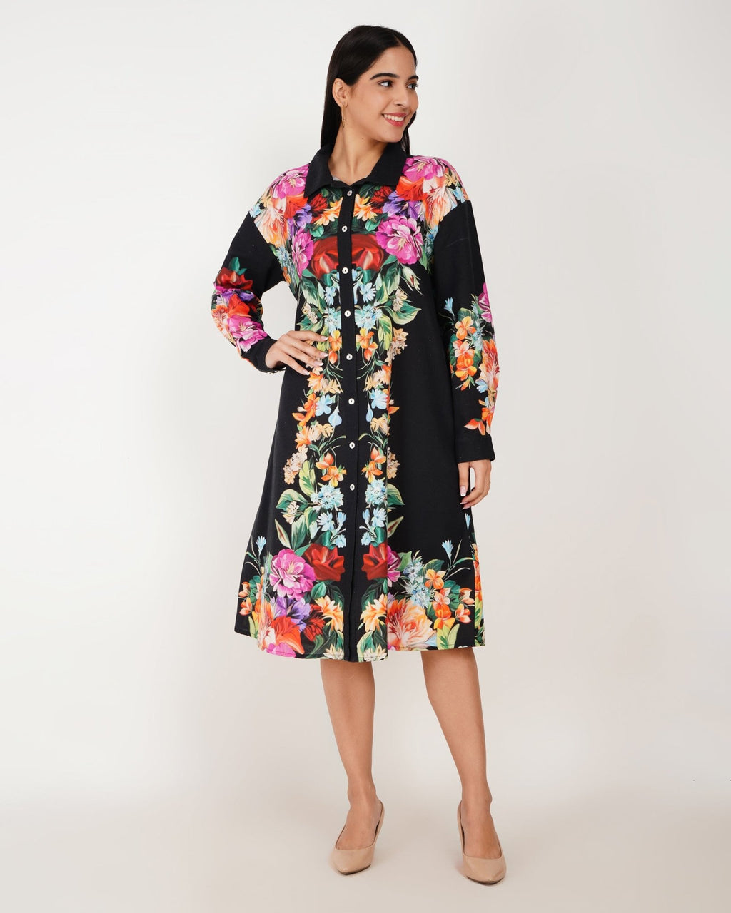 Noir Bloom Linen Shirt Dress - Vakr Studios