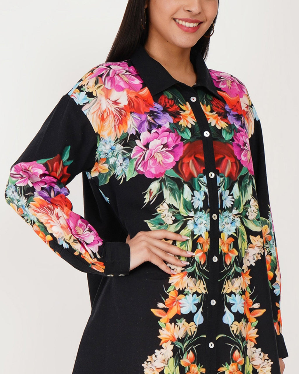 Noir Bloom Linen Shirt Dress - Vakr Studios