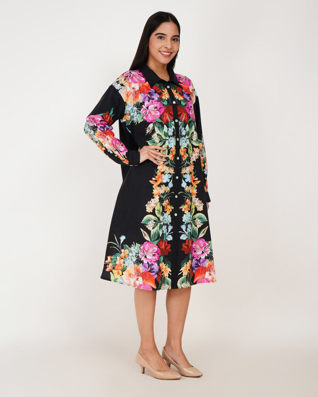 Noir Bloom Linen Shirt Dress - Vakr Studios