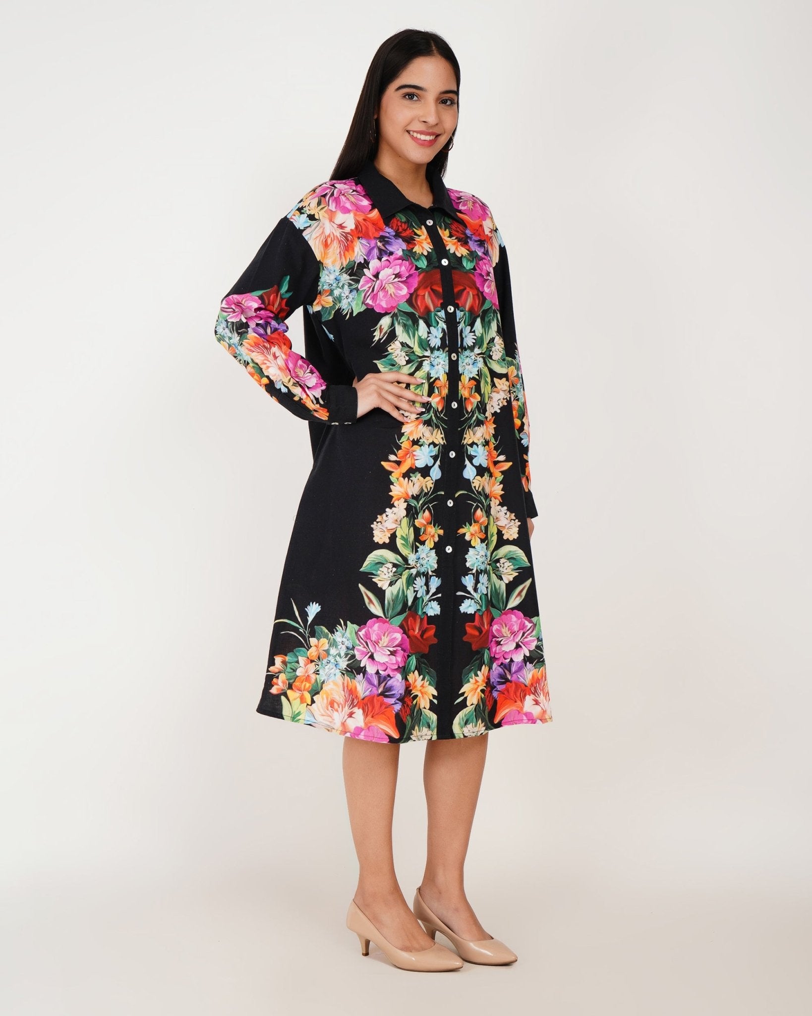 Noir Bloom Linen Shirt Dress - Vakr Studios