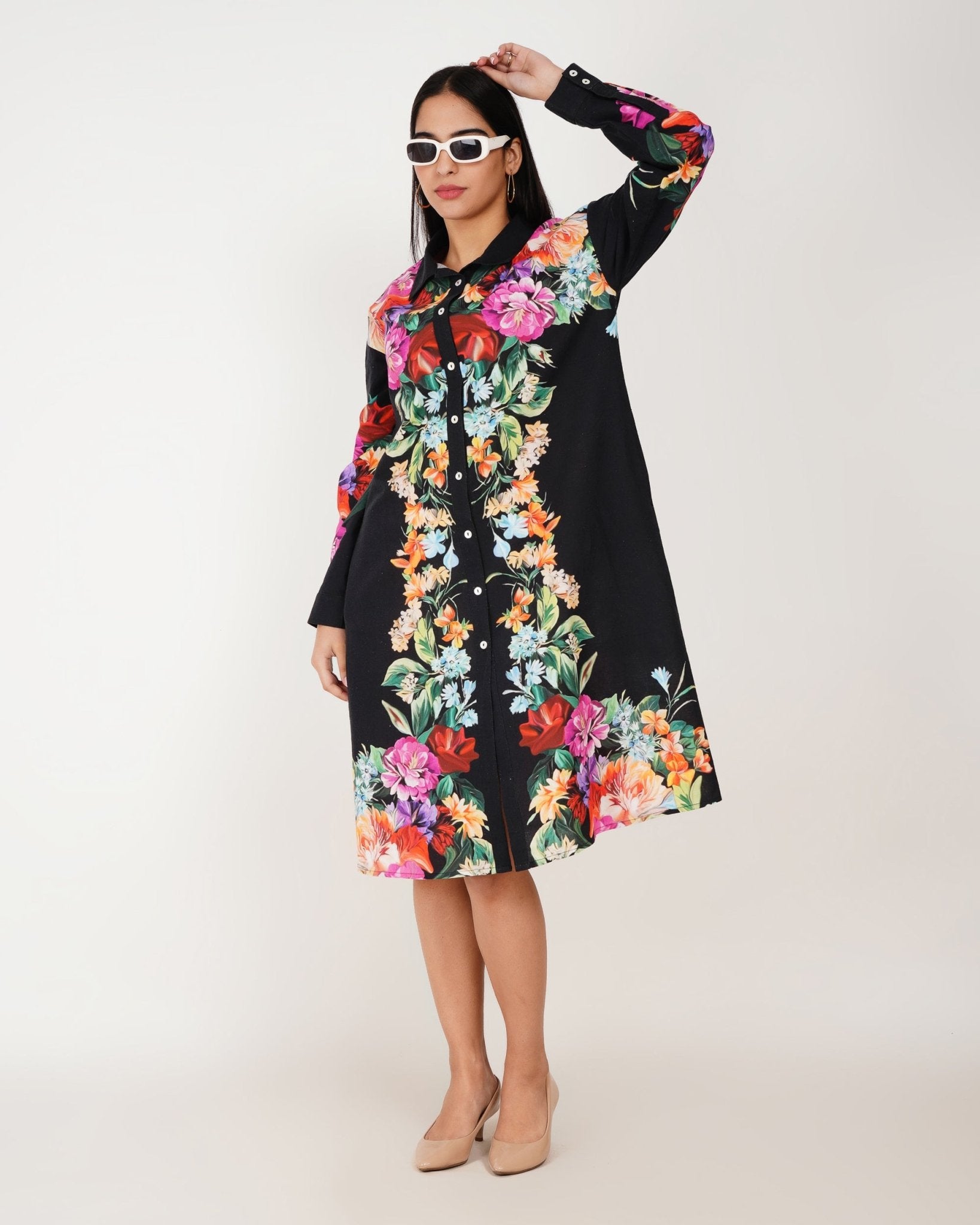 Noir Bloom Linen Shirt Dress - Vakr Studios