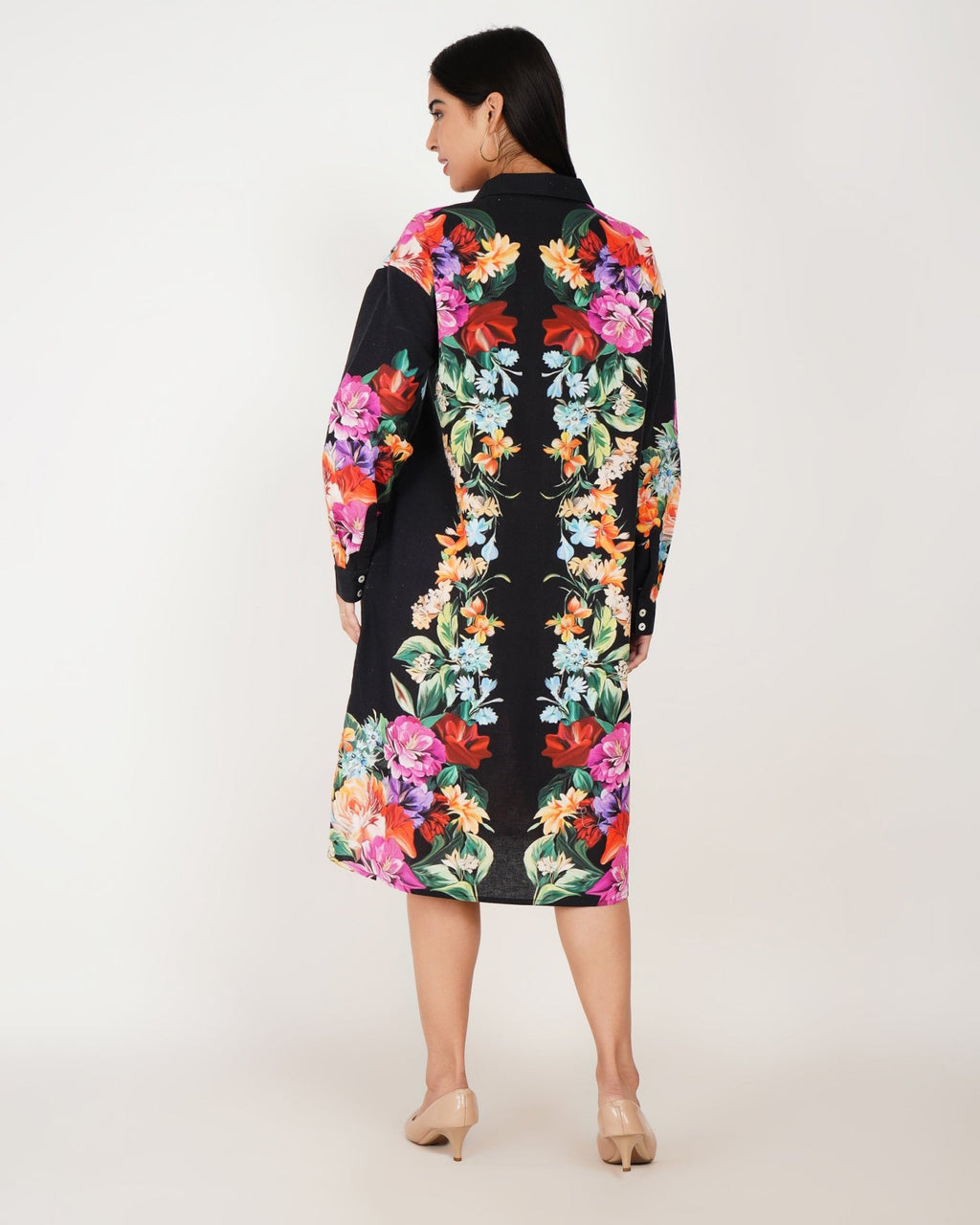 Noir Bloom Linen Shirt Dress - Vakr Studios