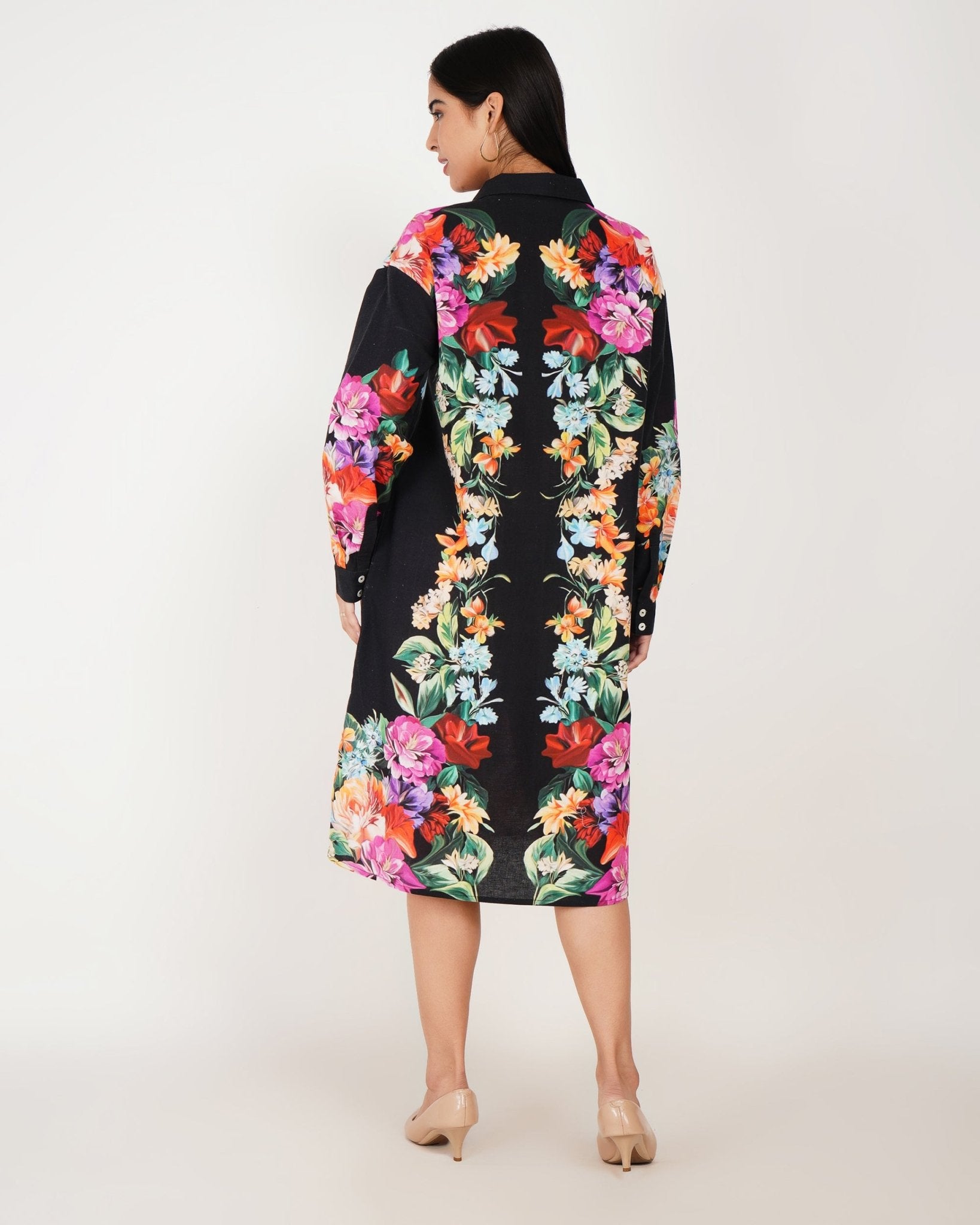 Noir Bloom Linen Shirt Dress - Vakr Studios