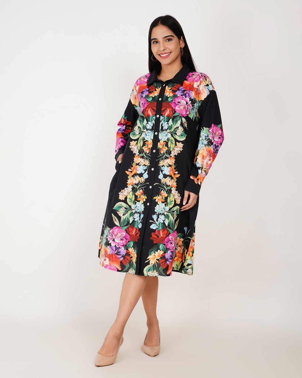 Noir Bloom Linen Shirt Dress - Vakr Studios